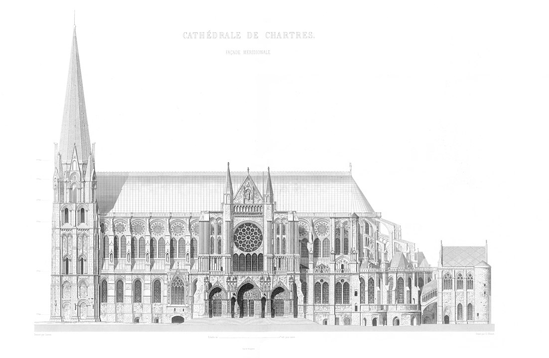A detailed black and white sketch of the south side of Chartres Cathedral. 