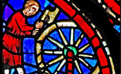 Two close-up photographs of panels in the Noah’s Arc window depicting tradesmen.