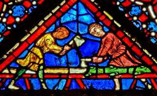 Two close-up photographs of panels that both depict workers using axes in woodworking.